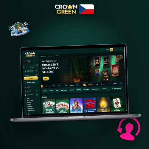 Crowngreen Kasino na počítači zobrazené na notebooku a monitoru v herním lobby