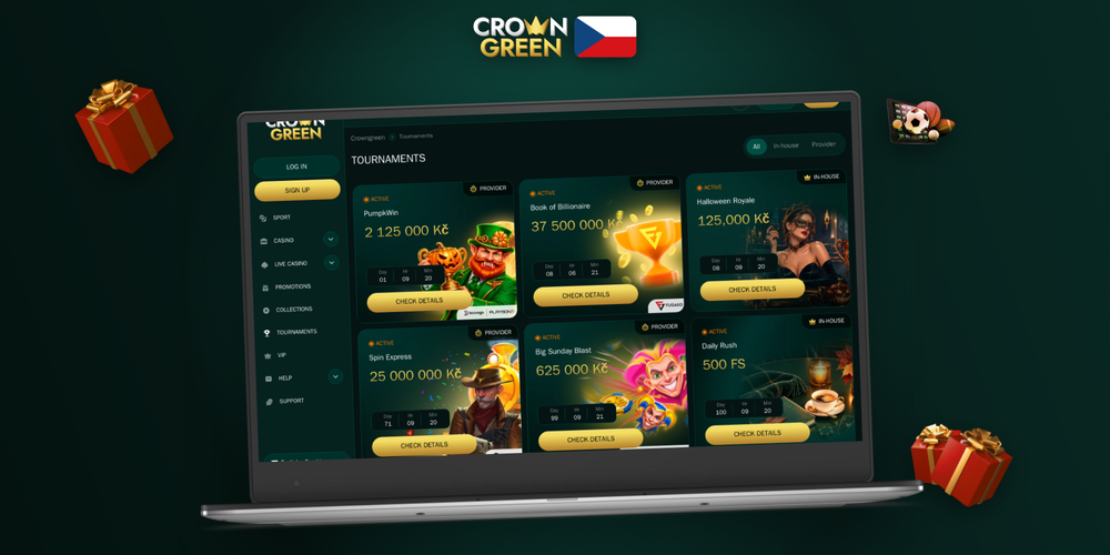 Crowngreen Kasino uvítací bonus zobrazen na notebooku a mobilu s mincemi v popředí